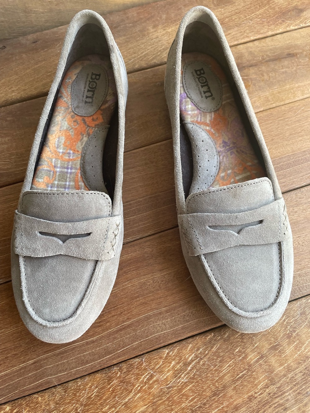 Born Women's Gray Suede Penny Loafers with Patterned Insole classic 7.5
